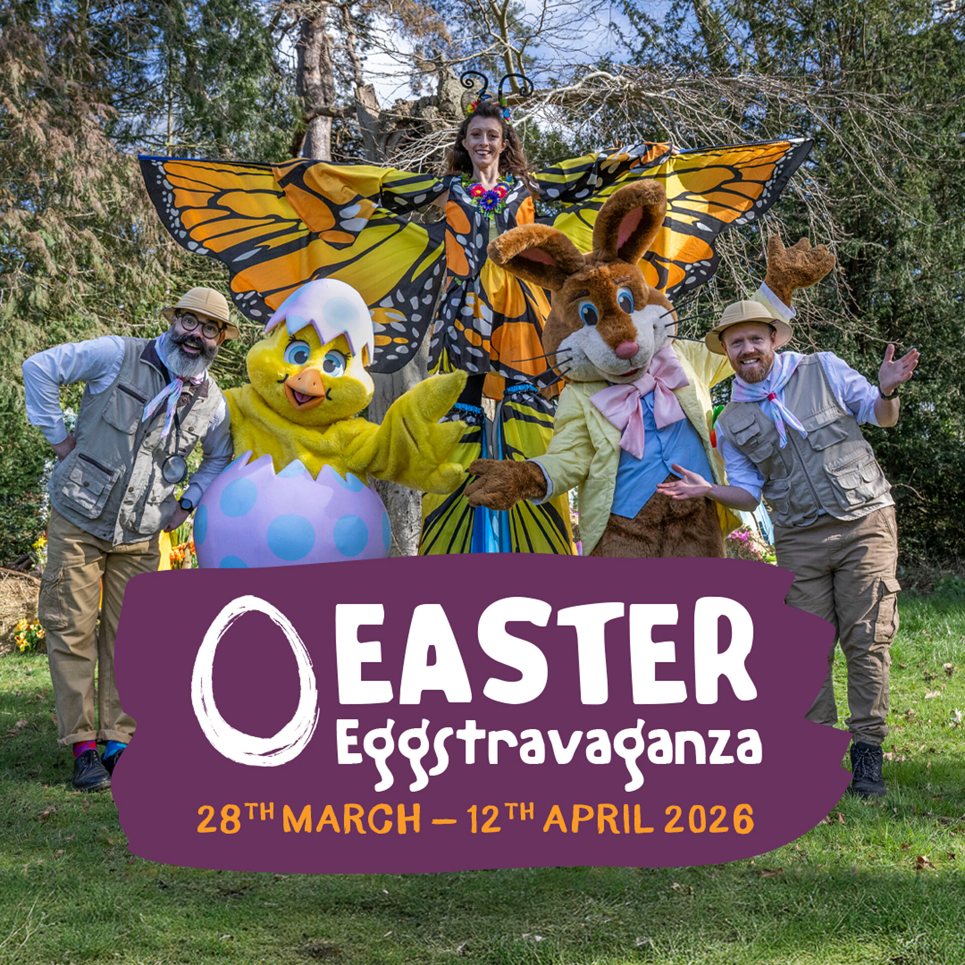 Easter Eggstravaganza banner at West Midlands Safari Park featuring characters Bramble Bunny, Chirpy Chick, and more
